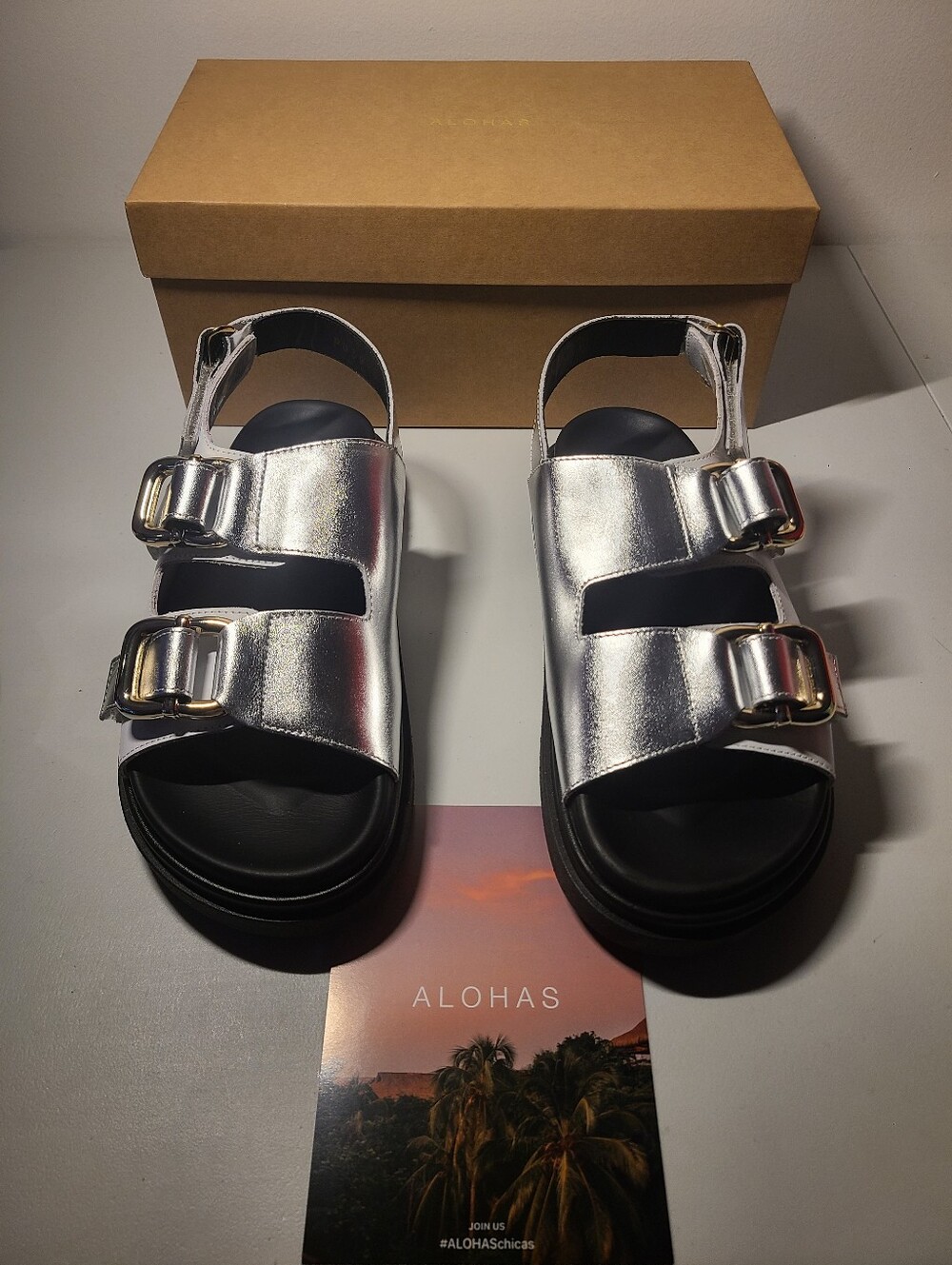 ALOHAS Silver Metallic Double-Buckle Sandals Womens Size 8.5